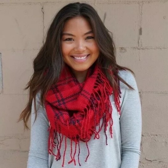 Red Plaid Windowpane Fringe Tassel Infinity Scarf - Picture 1 of 3